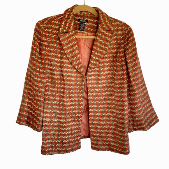 Bob Mackie Terra Cotta Gray Houndstooth Tweed Blazer Flare Sleeves Sz 12 Career - Picture 1 of 8